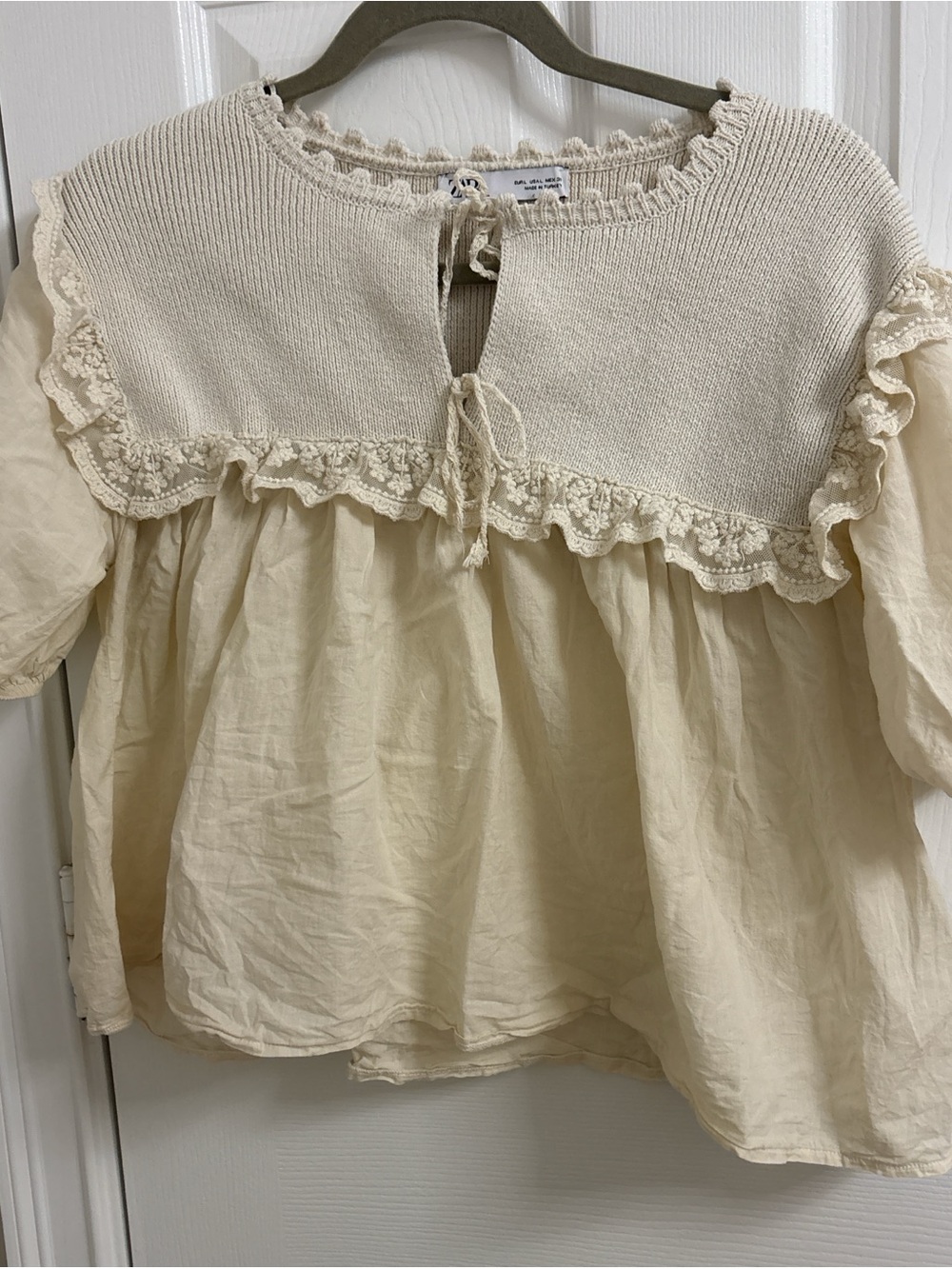 Zara Cream Lace-Trim Knit Yoke Blouse